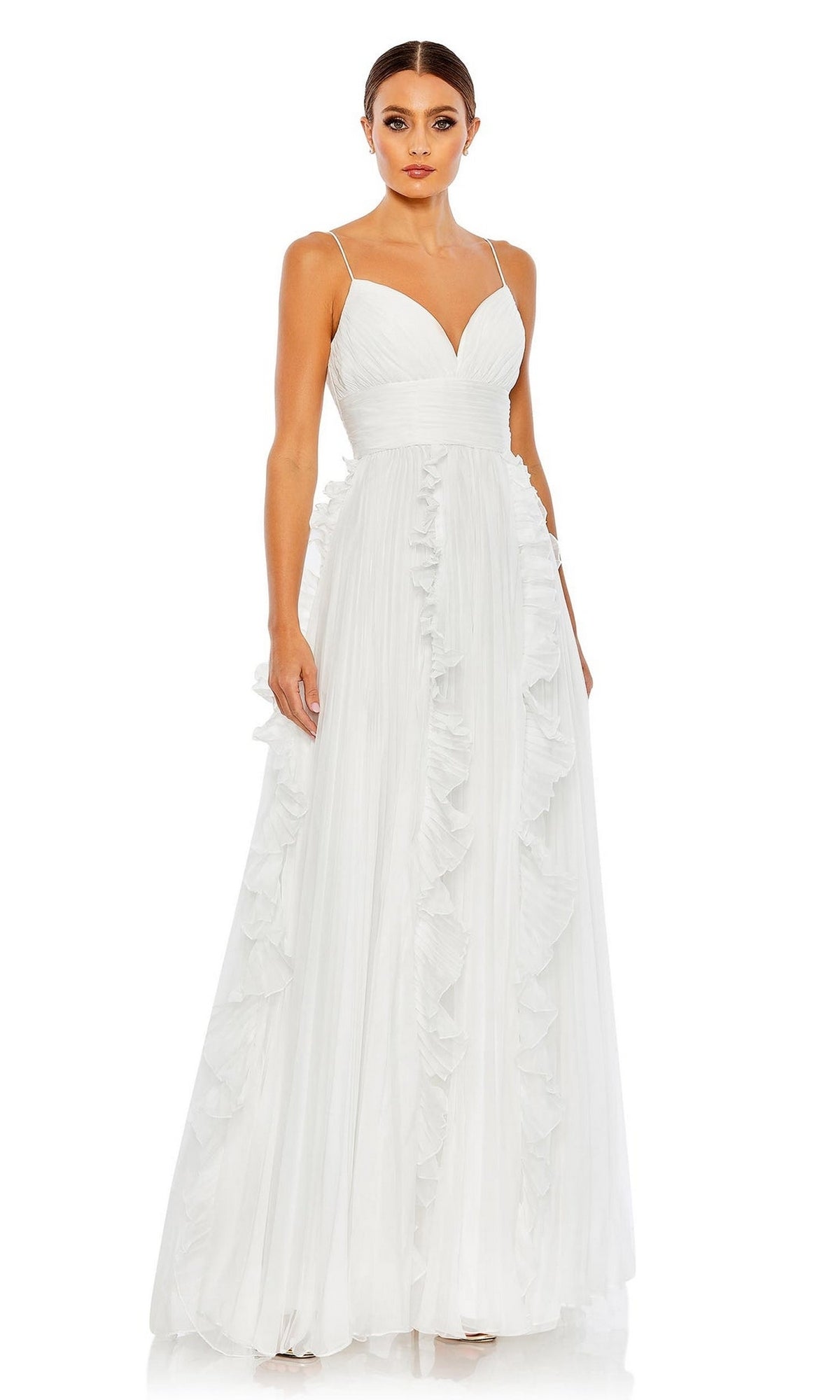 Model wearing Ruffled Long White Formal Dress 49533 featuring thin straps, a fitted bodice, v-neckline, and ruffled skirt details, posed against a plain white background.